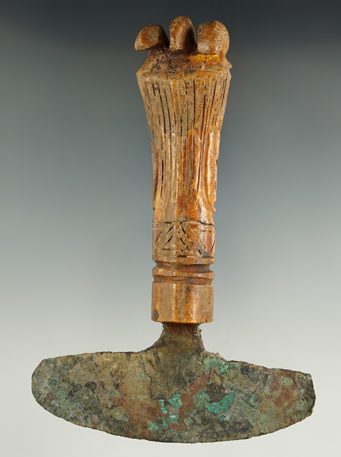 5 3/4" Wari Copper Knife hafted in a bone handle that is nicely engraved. Found in Peru.
