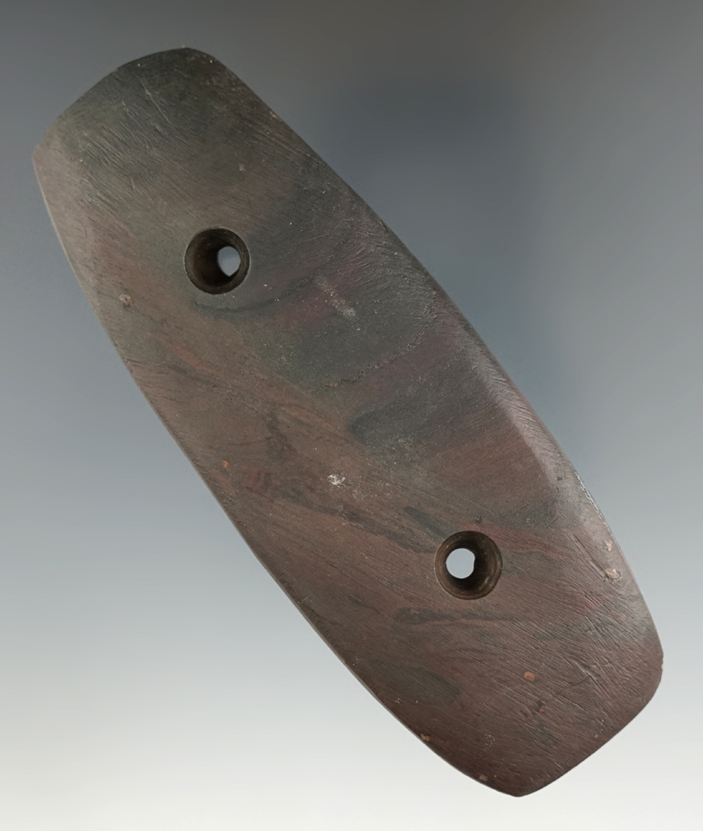 4 3/8" Bar Gorget made from red  Slate, found in Ohio. Ex. Jim Hovan, Dave Root, Ed Stevens.