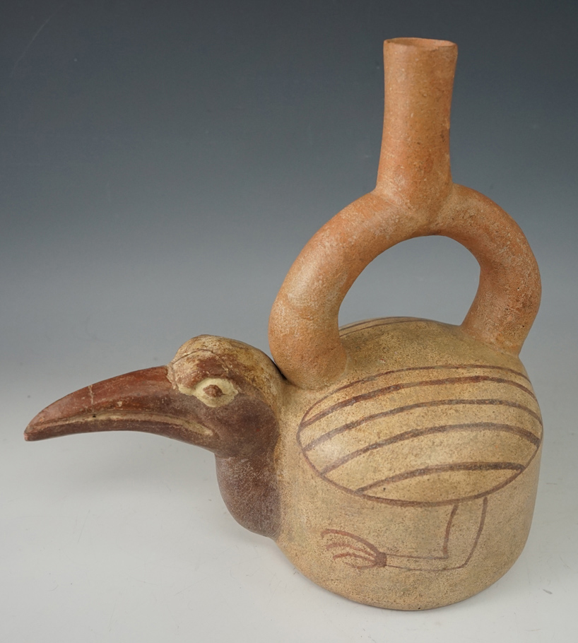 8" Tall x 8" Wide Moche Cormorant Effigy Bottle found in Peru.