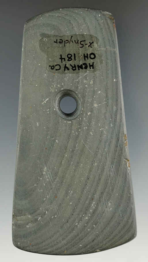 4 1/16" Green Banded Slate Trapezoidal Pendant found in Henry County Ohio. Ex. Harlan Snyder.