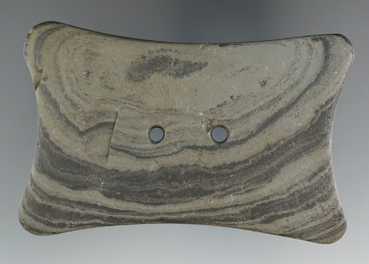 3 15/16" Adena Quadriconcave Gorget made from green and black Banded Slate. E