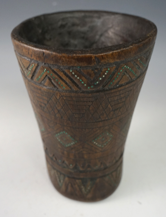 Incredible artwork! 5 1/2" Tall hand carved Inca Wood Kero. Exterior has intricate incised lines.