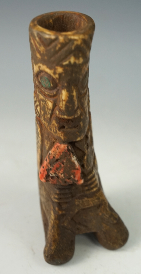 3 1/2" Tall beautifully carved Llama Bone Knife handle of a seated figure. Peru.
