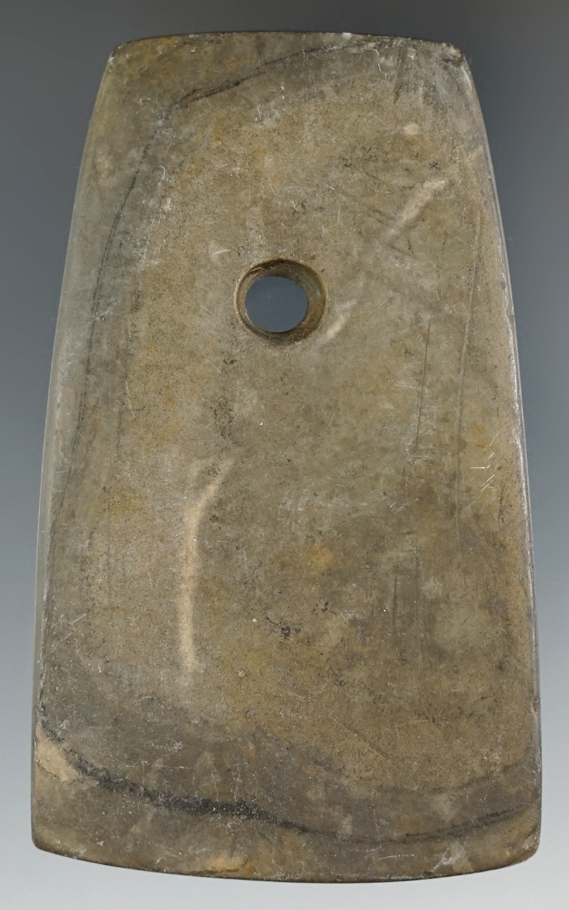 3 5/8" Hopewell Trapezoidal Pendant made from green and black Banded Slate, Knox Co., Ohio.