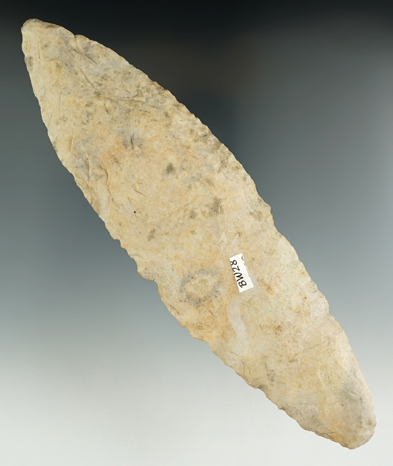 Very large 8 3/16" Mill Creek Chert Lanceolate Blade found in Illinois.