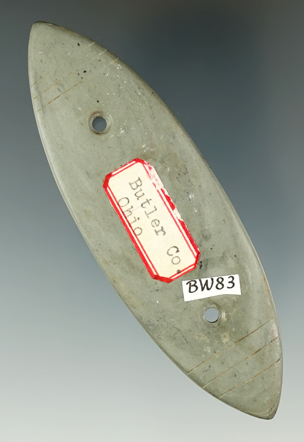 4" Bi-pointed Slate Gorget with engravings on surface found in Butler Co., Ohio. . Ex. Waigle.