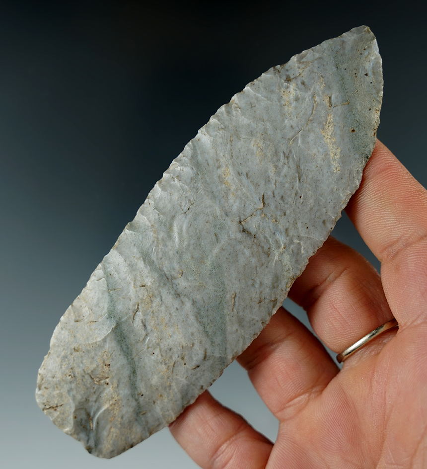 4 5/8" Paleo Lanceolate Knife made from beautiful Indiana Green Flint. Found in Marion Co., IN.