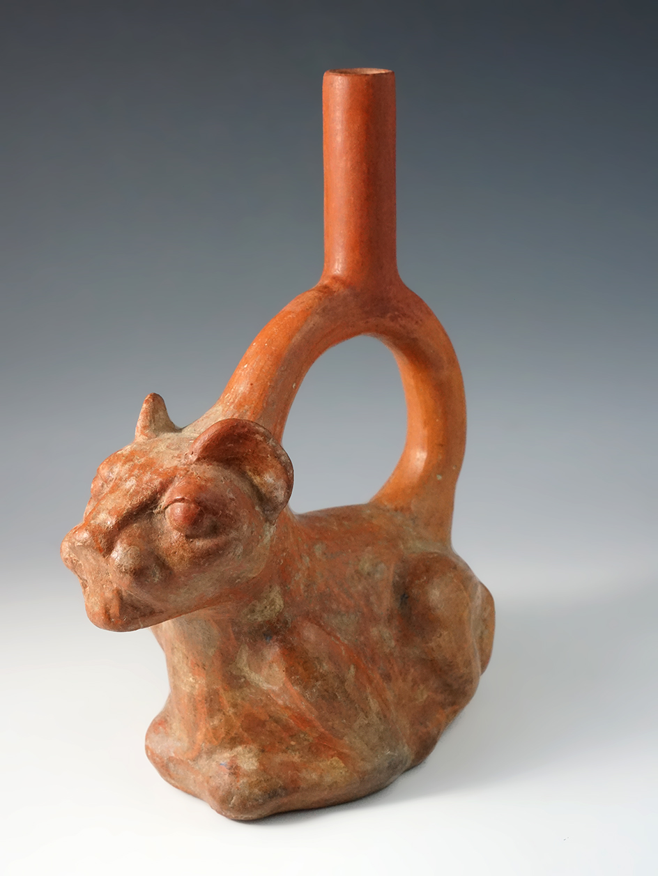 9 3/16" tall Moche 4 Stirrup Spout Vessel featuring a mountain lion. Circa 800 A.D. Peru.