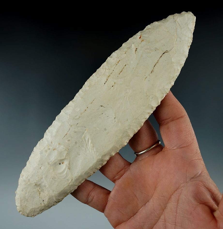 6 3/4" Ramey Knife found in Pike Co., Illinois made from Burlington Chert. Ex. B. W. Stevens.