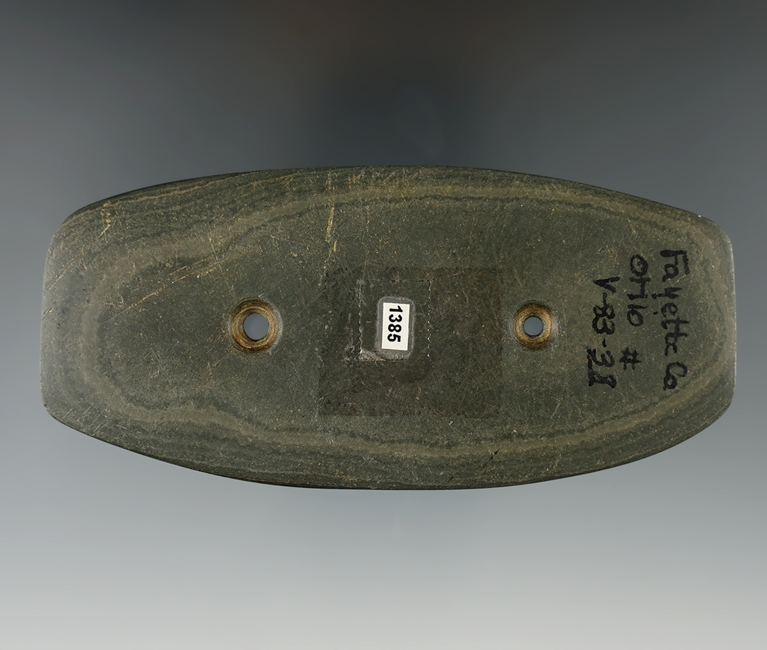 4 5/16" Gorget made from green banded Glacial Slate found in Fayette Co., Ohio. Bennett COA.