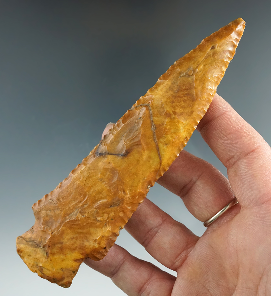 Unique Hopewell 5 1/8" orange and tan flint found in St. Louis Co., Missouri. Ex. Irv Dougherty.