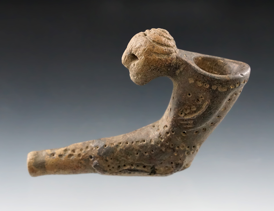 Sale highlight! Exceptionally rare style dual-effigy 4" Iroquois Clay Pipe found in New York.