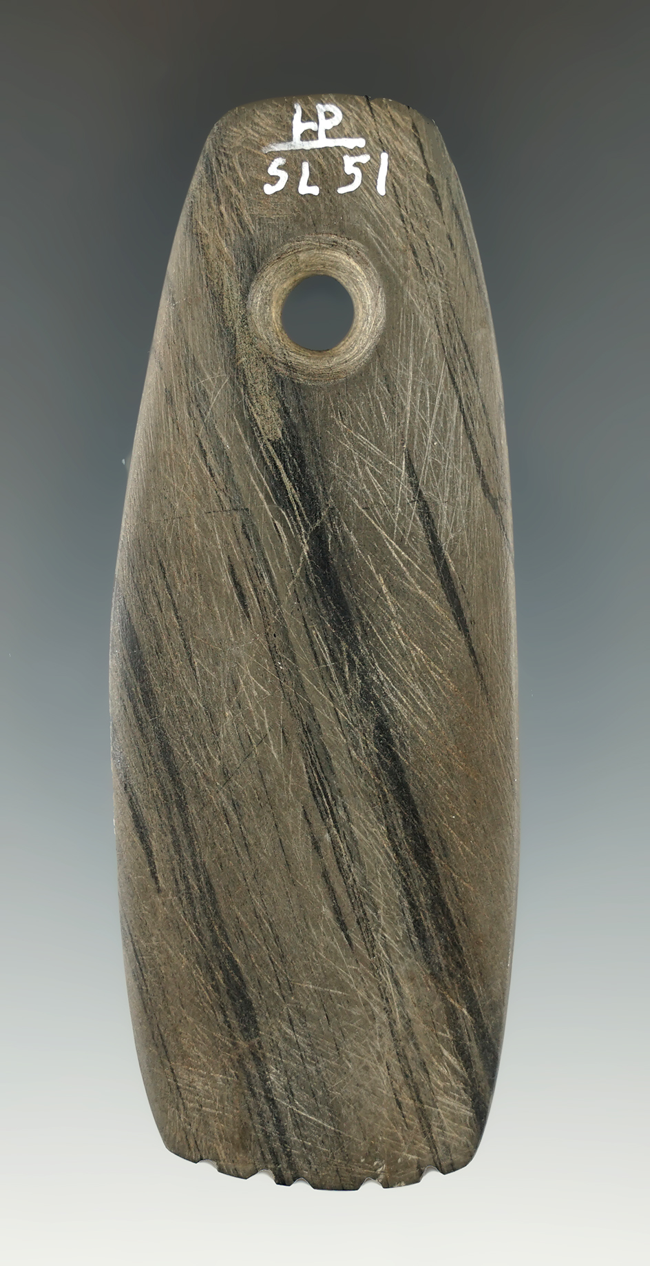 3 7/16" Fringed Slate Pendant found in Coshocton Co., Ohio. Ex. Borden Kircher Collection.