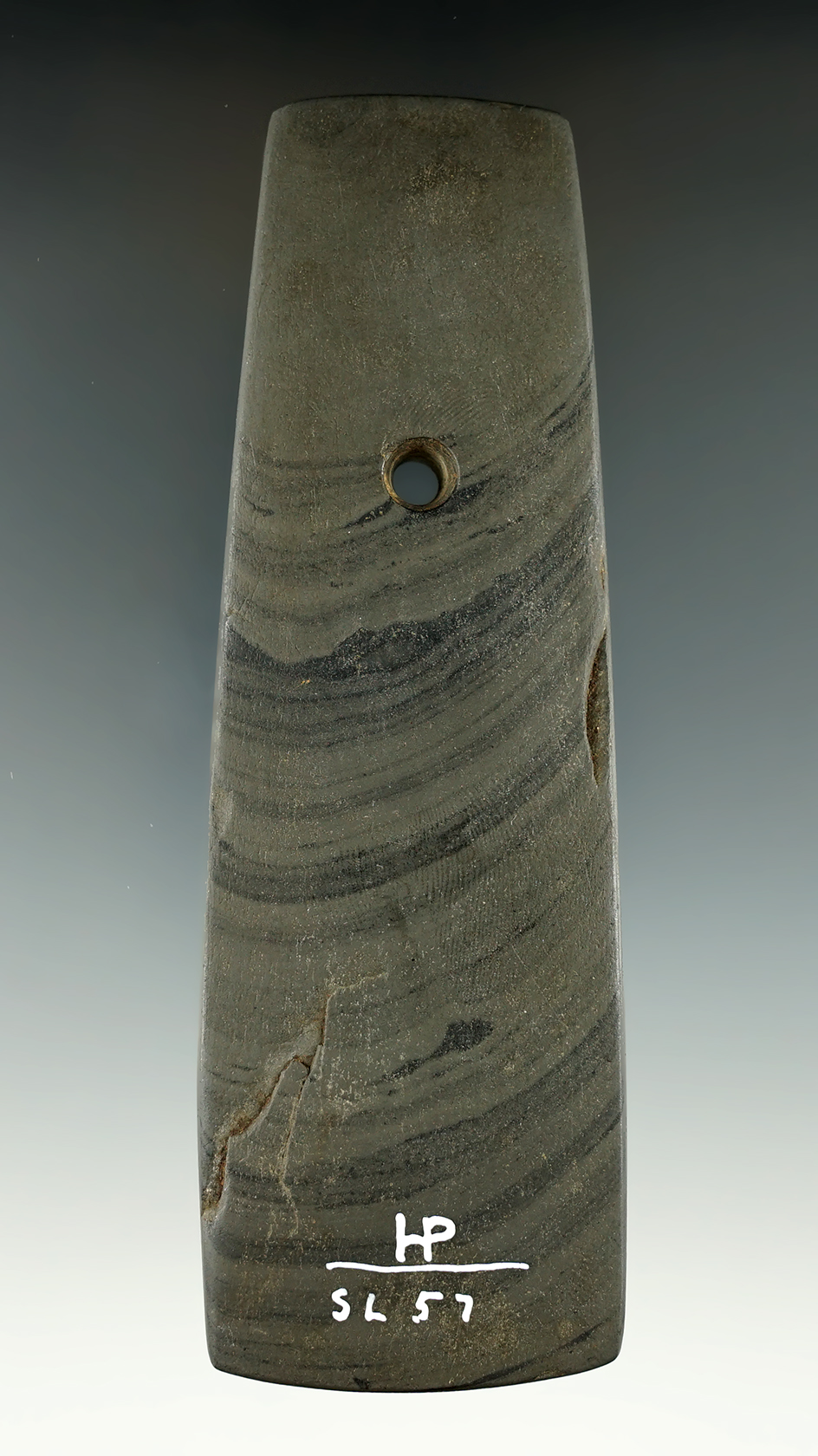 4 7/8" Trapezoidal Pendant found in Hancock Co., Ohio. Ex. Ladd Collection.