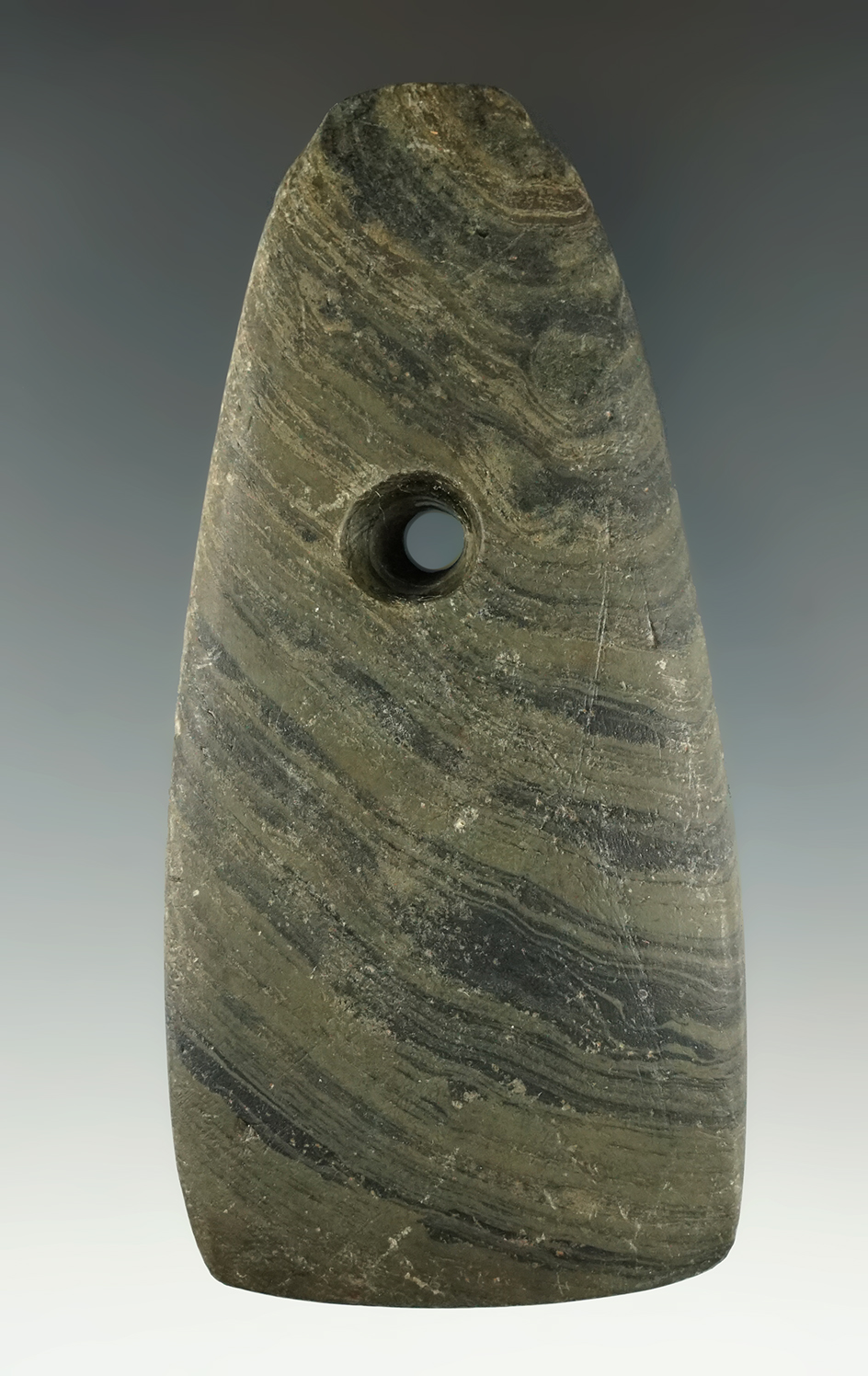 4 3/8" Adena Pendant found Muskingum Co., Ohio with very nice banding. Ex. Robert Converse.