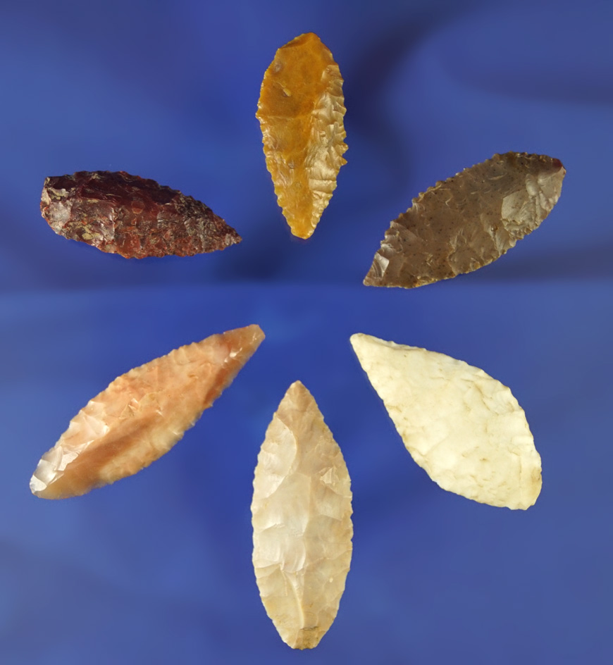 Set of six Columbia River Leaf Points in excellent condition. Largest is 1 3/4".