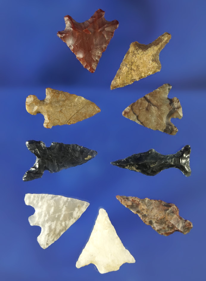 Set of nine assorted Columbia River and Great Basin arrowheads, largest is 7/8".