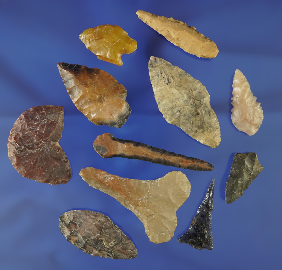 Set of 11 assorted Columbia River Flint artifacts including a very nice 2 5/16" drill.