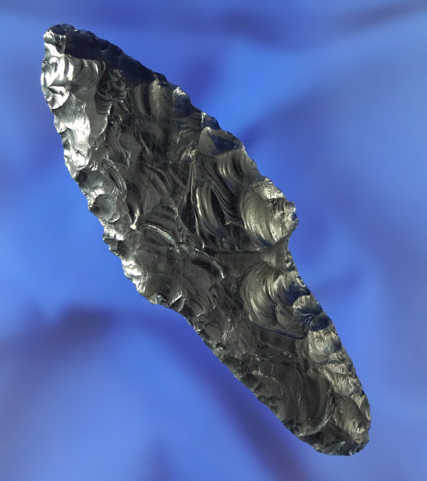 3 1/8" well styled Parman Type I found in southern Oregon made from quality obsidian. Stermer COA.