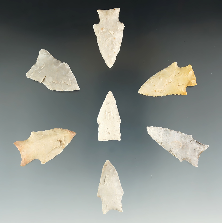 Group of seven assorted Texas points, largest is 1 5/8".