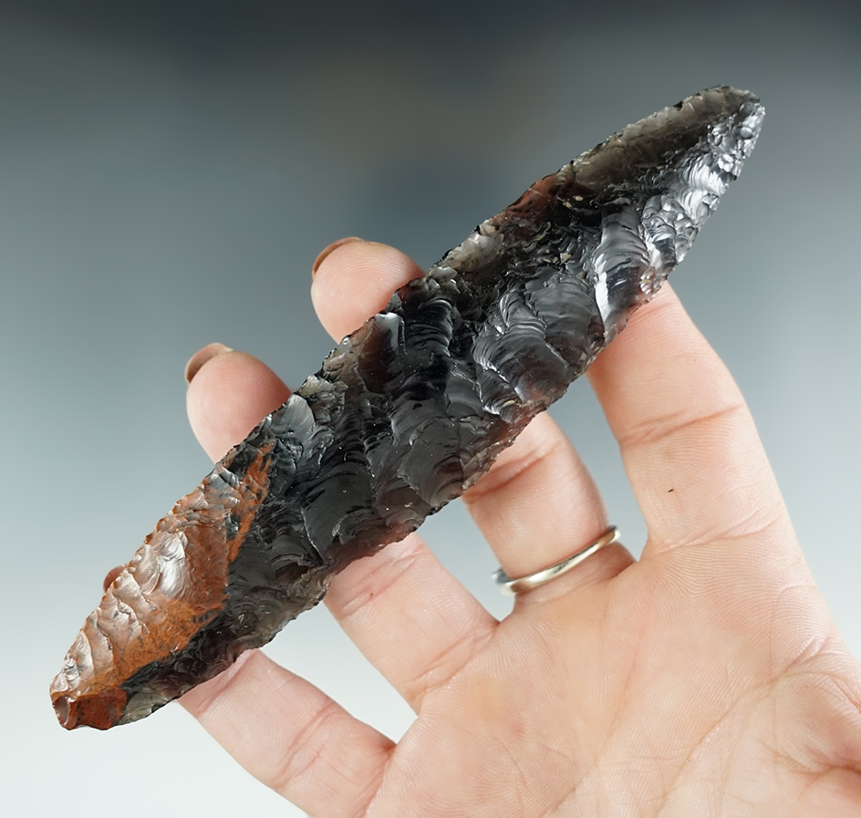 Beautifully patinated 5 5/16" Bi-pointed Knife - two-tone mahogany Obsidian found in Oregon.