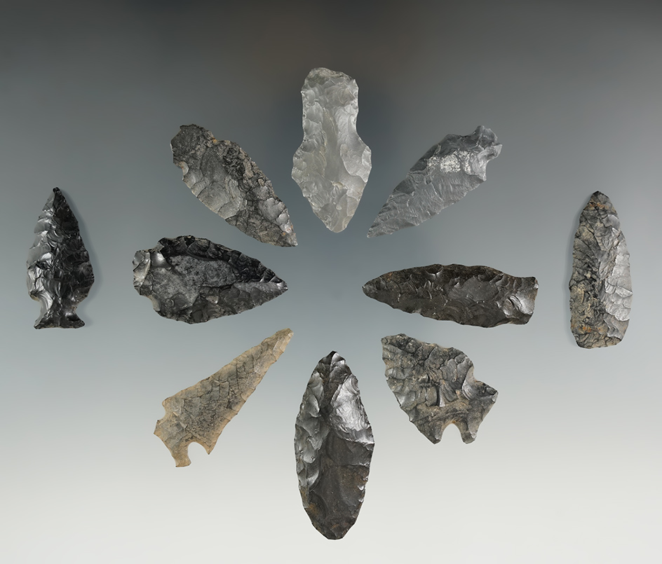 Set of 10 assorted Obsidian Arrowheads nice condition found in Oregon. Largest is 1 9/16".