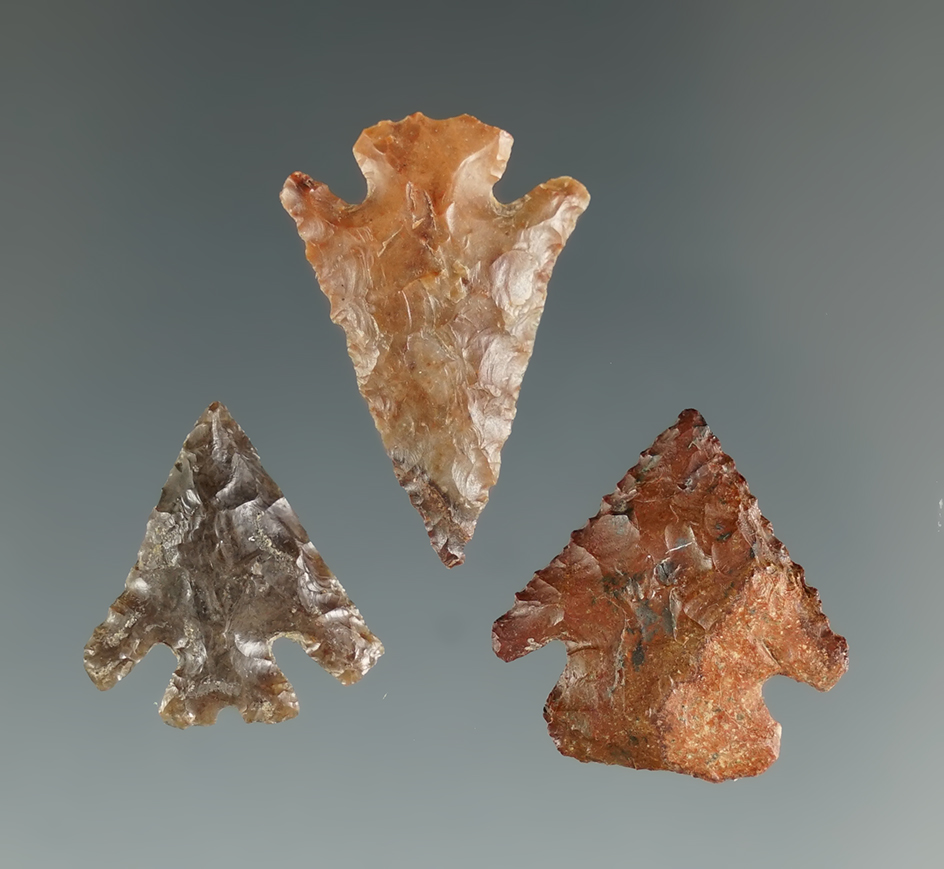 Three assorted Columbia River arrowheads in nice condition, largest is 1".
