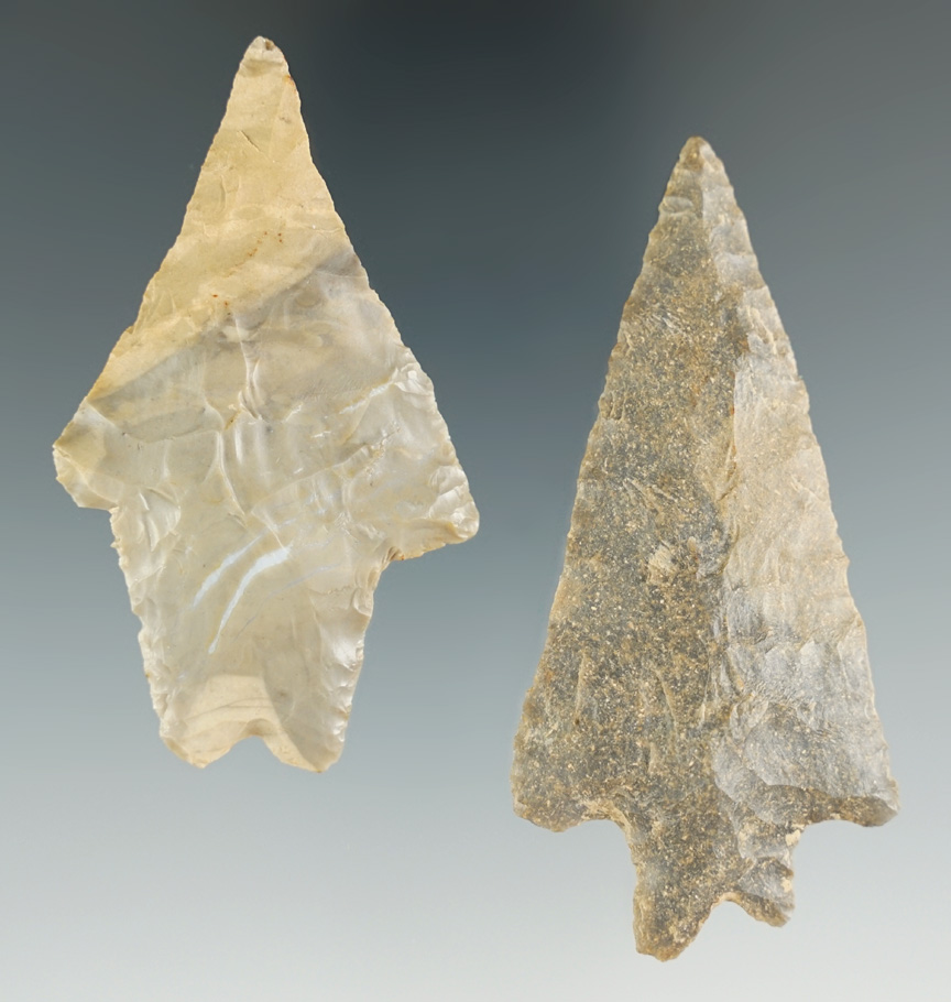 Pair of Archaic Tapered Stem Bifurcate Points, largest is 2 3/4". Found in Indiana and Kentucky.