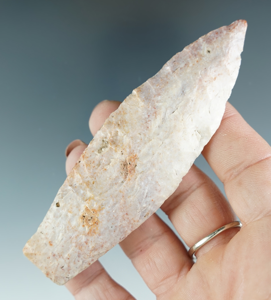 4 1/16" Agate Basin found in Illinois. Made from colorful material. Ex. Jim Hogue Collection.