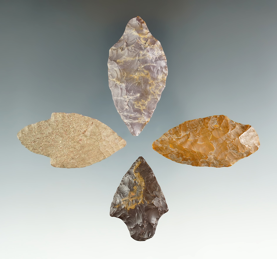 Set of 4 assorted points found near the Columbia River, Washington. Largest is 2 1/16".