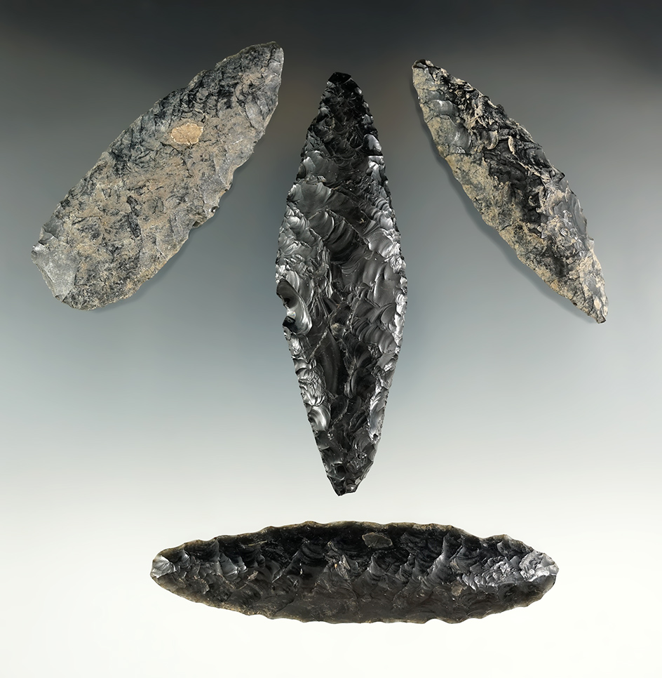 Set of four Obsidian Cascade Knives found in Oregon. Largest is 4".