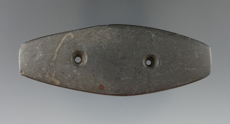 3 7/16" Woodland Gorget made from Black Slate, Perry Co., Ohio, Thorn Twp. Ex. Barnsworth, Swan.