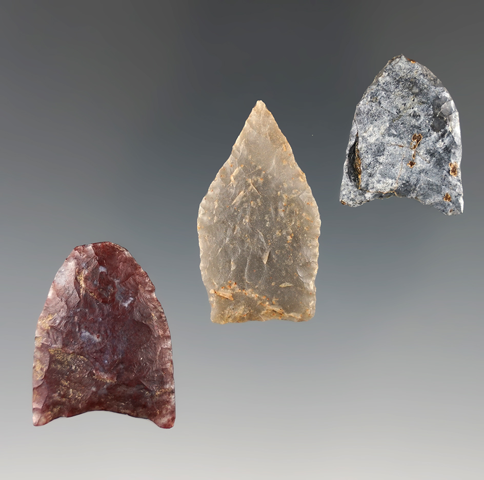 Three Paleo and Clovis points. One beautiful Alibates Flint with minor damage to tip.