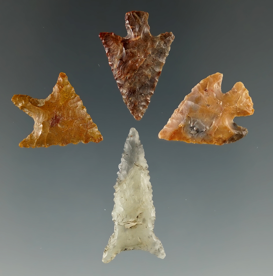 Set of four Columbia River arrowheads, largest is 1 1/8".