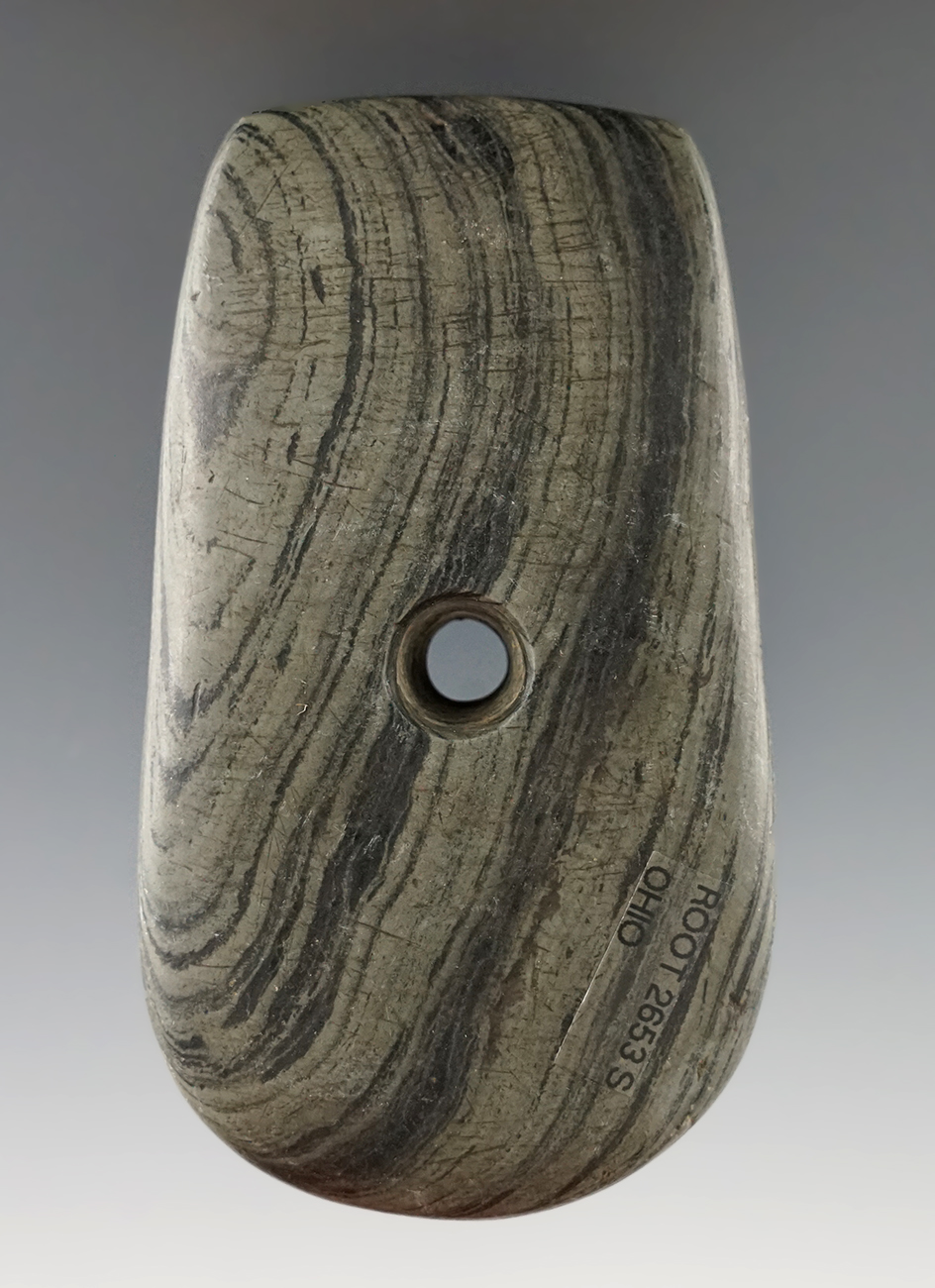 3 1/2" Adena Rectangular Pendant. Highland Twp., Defiance Co., Ohio. Ex. Heath, Hammon #H111G.