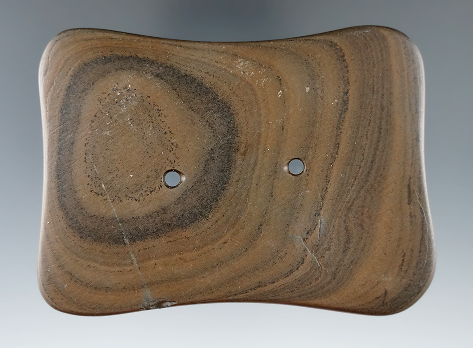 3 11/16" Adena Quadriconcave Gorget. Richland Co., Ohio. Ex. Dr. Copeland, Winsch, Brenneman.