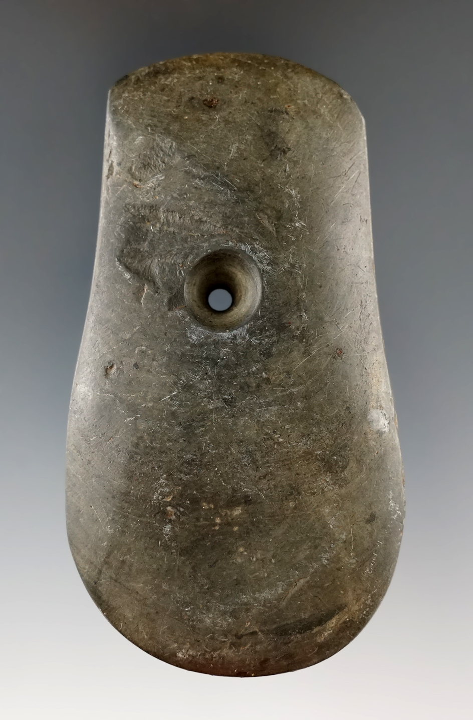 3 9/16" Adena Keyhole Pendant.  Greene Co., Ohio made from green Slate.  Ex. Dr. Ray Gurley.