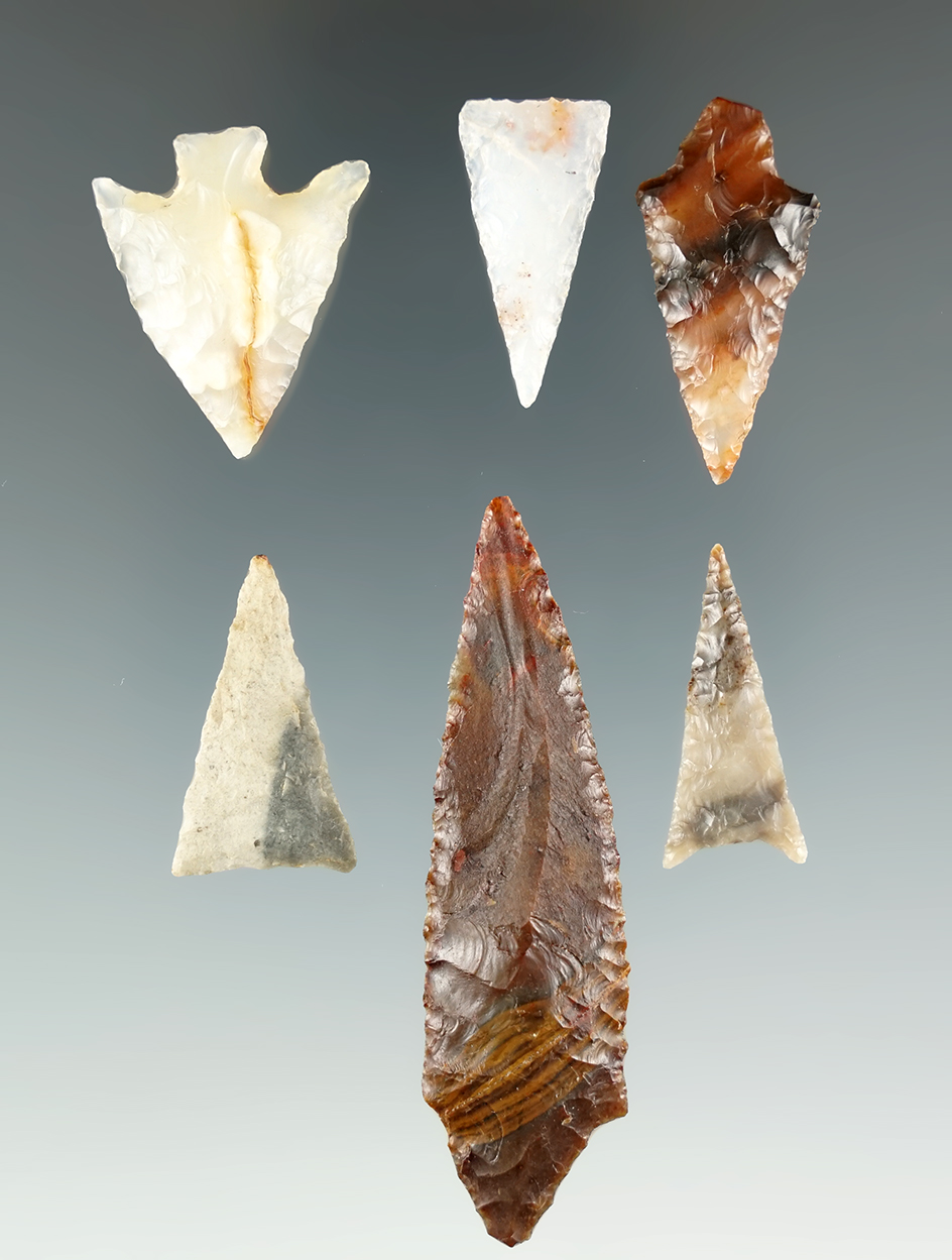 Set of six Columbia River arrowheads, largest is 2 3/16".