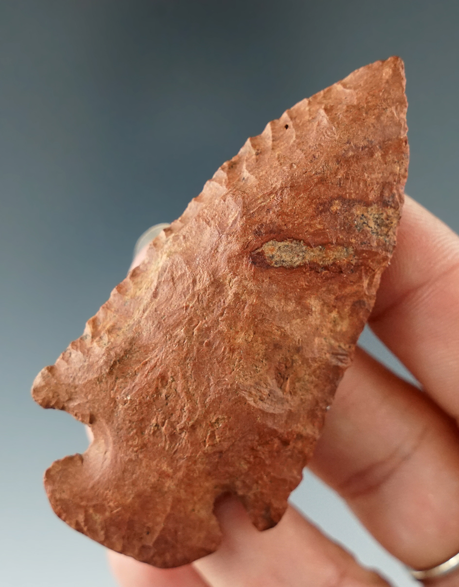 2 7/8" Dovetail found in Tennessee made from attractive red Chert. Ex. Fred Iserman. Bennett COA.