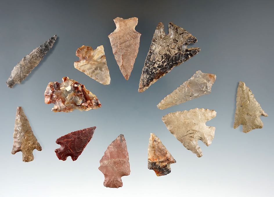 Group of 12 assorted points and Knives found near the Columbia River, largest is 1 3/4".
