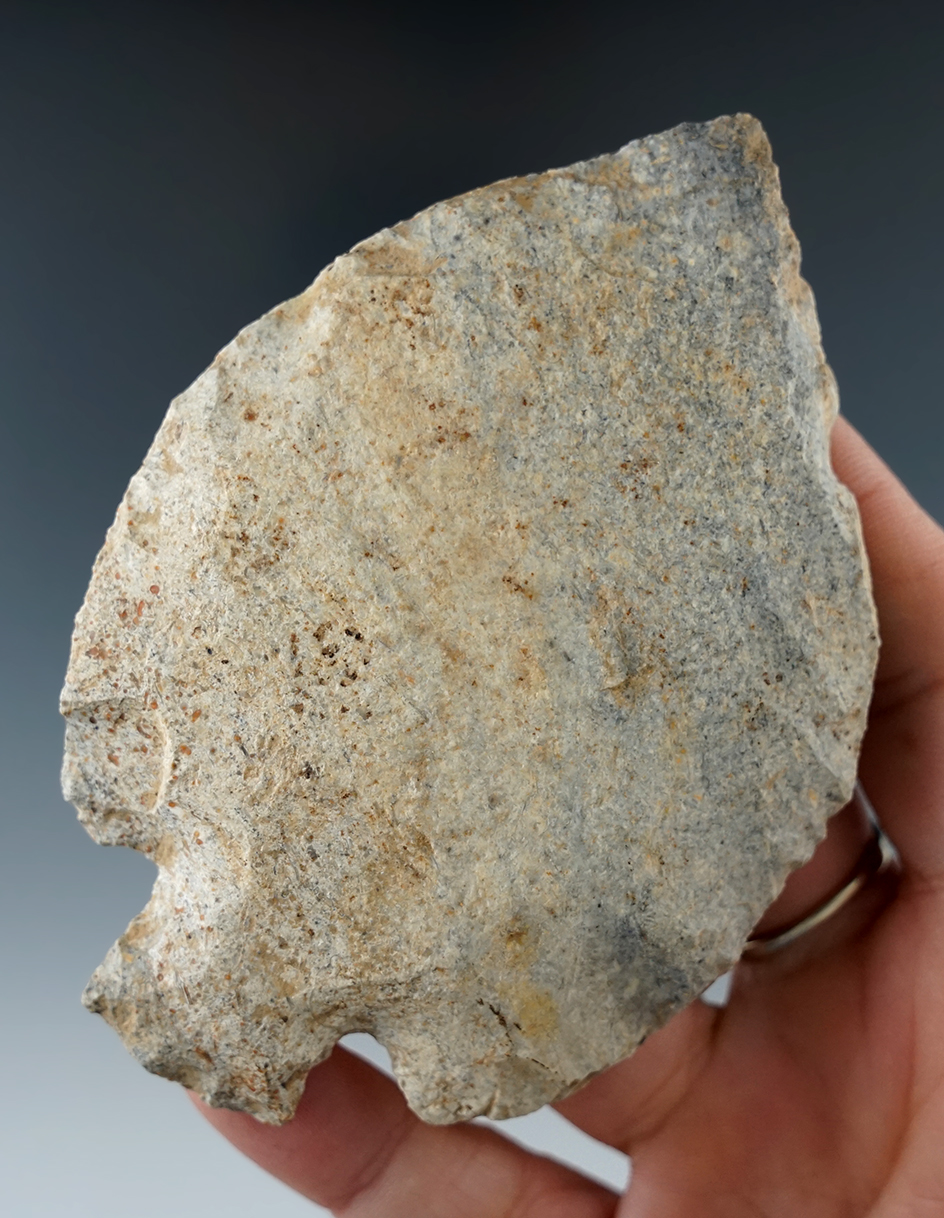 4" Long by 2 3/4" wide uniquely styled base Tang Knife found in Missouri. Anciently salvaged.