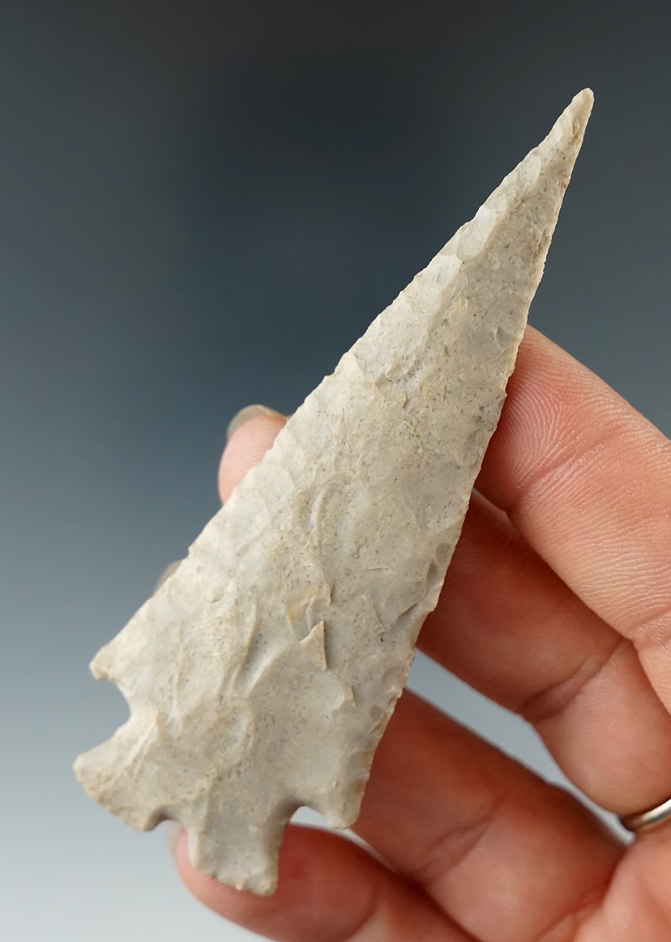 Thin and well flaked 3 3/8" Montell found in Bell Co., Texas. Ex. Bill German.  Rogers COA.