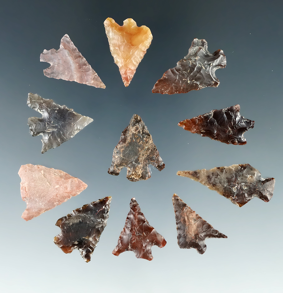 Set of 11 Assorted Arrowheads found near Jaeger Island, largest is 1 3/16". Ex. Wiley Collection.