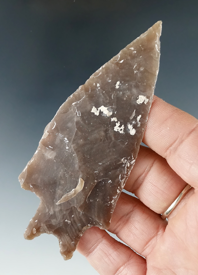 Ex. Museum! Nice mineral deposits on this 3 3/4" Semi-translucent Pedernales point found in Texas.