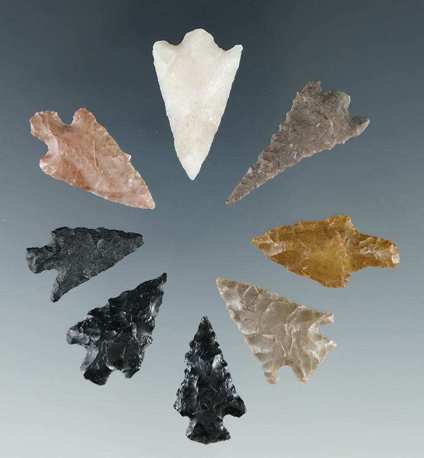 Set of 8 Assorted Arrowheads found in Oregon and Washington, largest is 1 1/16".