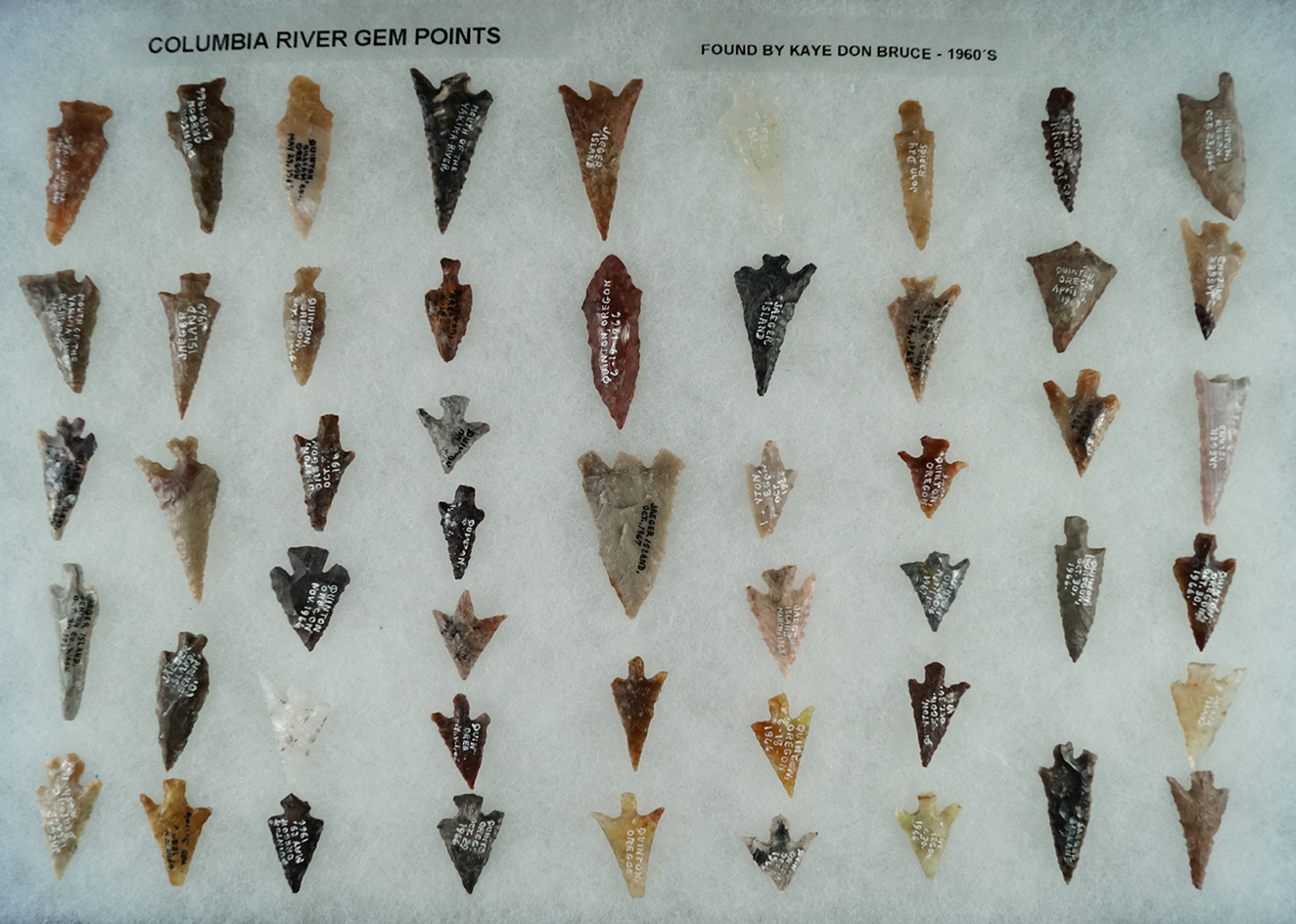 Set of approximately 50 Columbia River Gempoints found by Kaye Don Bruce. Largest is 1 5/16".