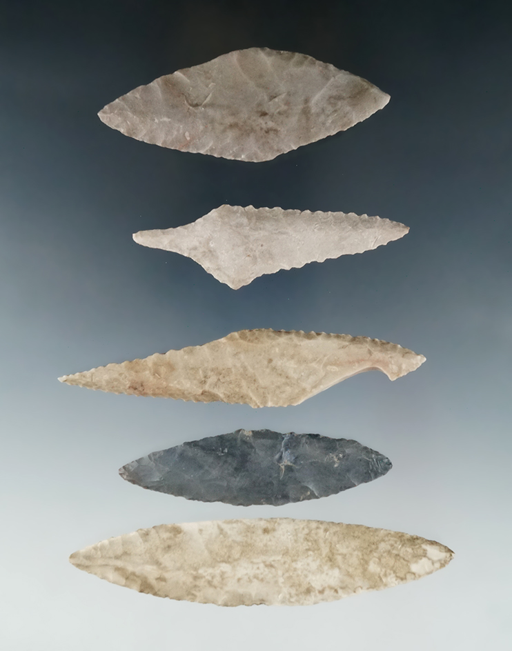 Set of 5 Harahey knives found in Texas and Oklahoma, largest is 3 7/8".