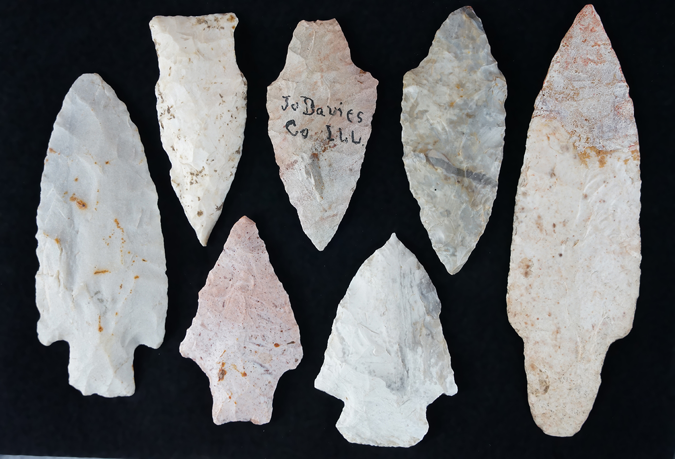 Set of seven assorted points found in Missouri and Illinois. Adena has restoration to 1 3/8" of tip.