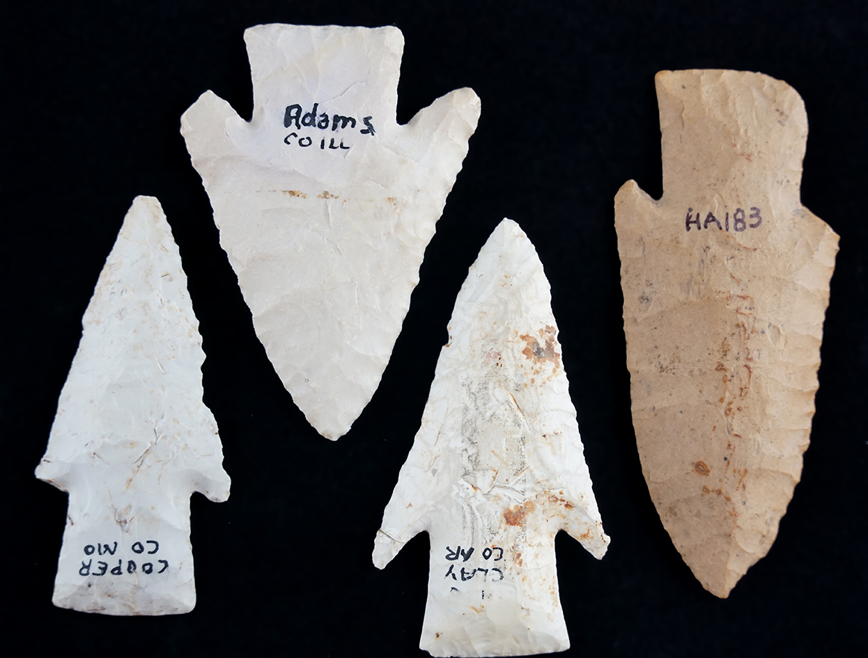 Set of four Hardin points found in Missouri, Illinois and Arkansas. Ex. Len Weidner.