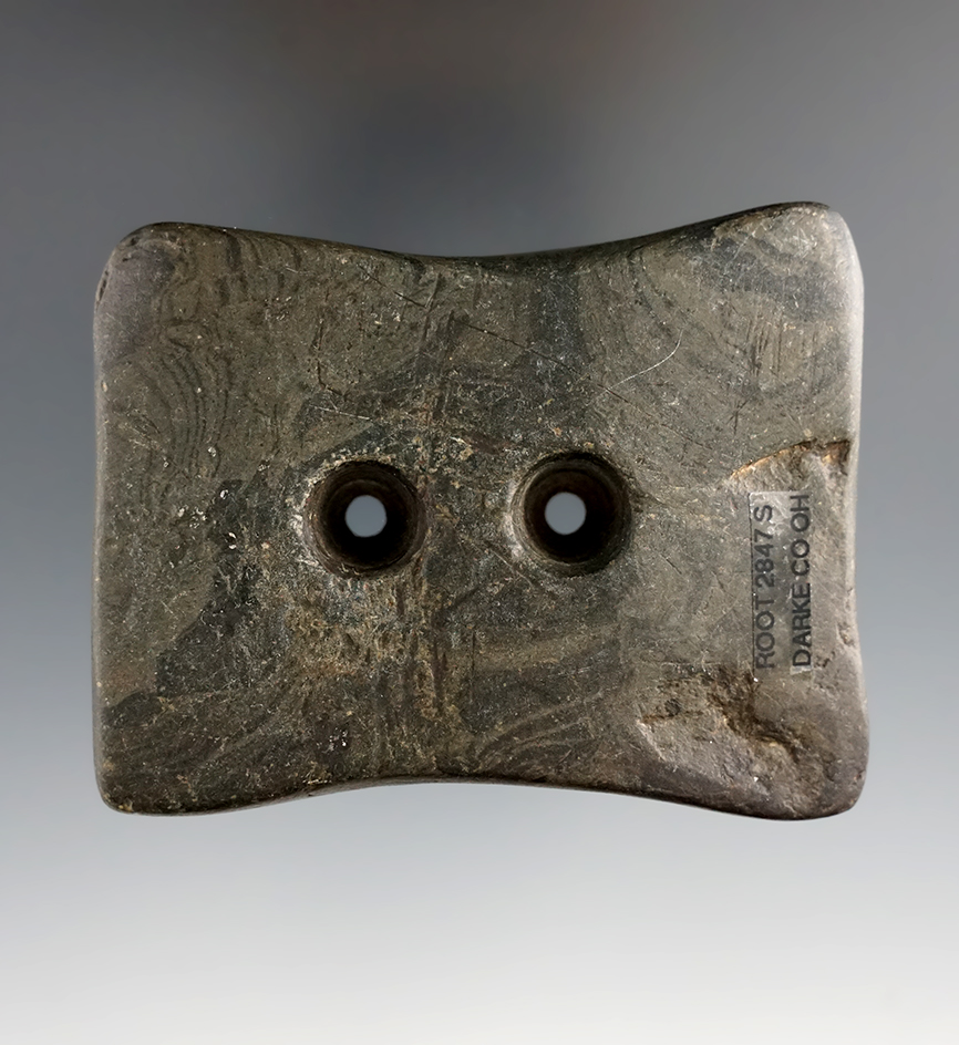 3 1/16" Mottled Slate Adena Quadriconcave Gorget found in Darke Co., Ohio.   Jackson COA.